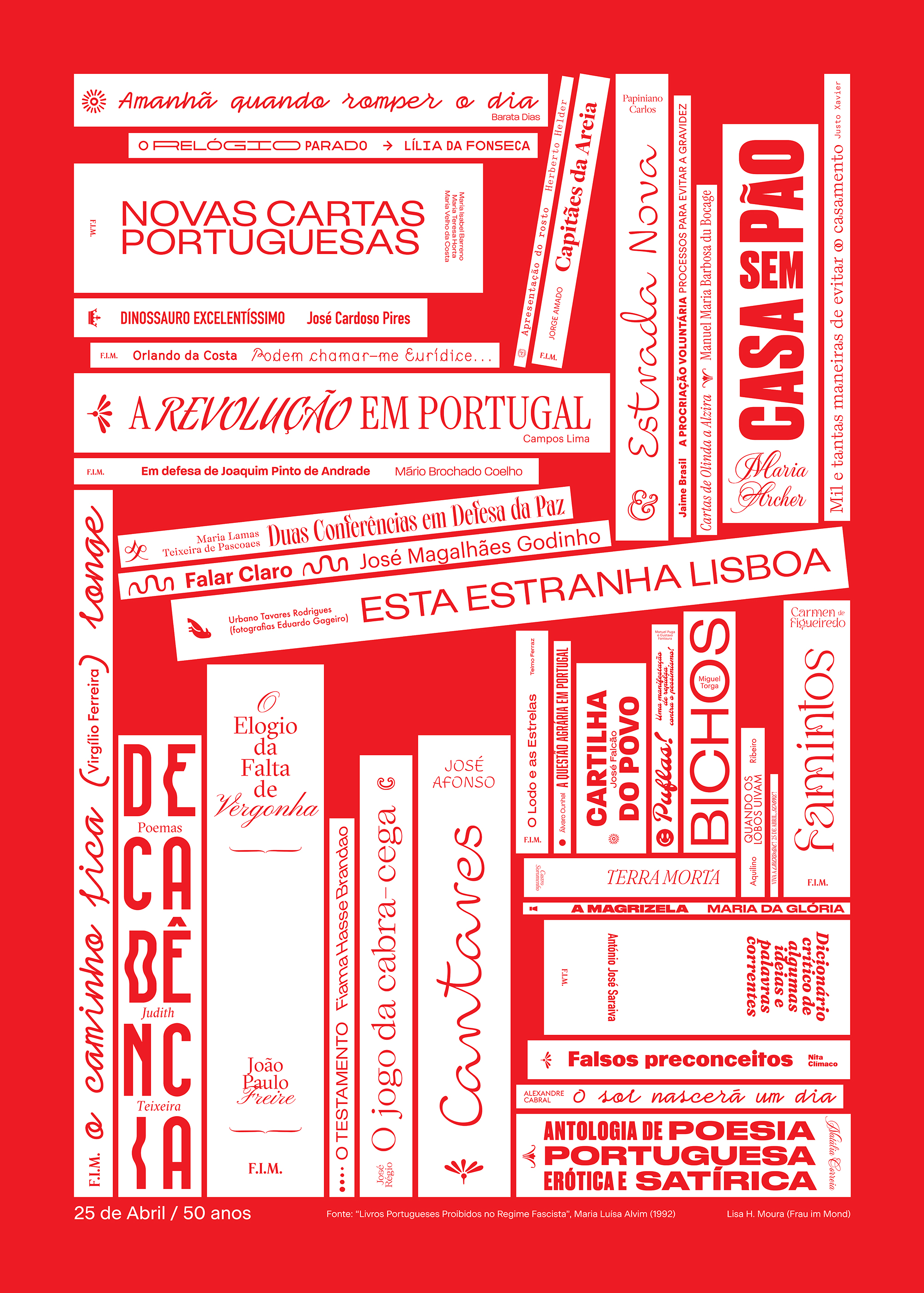 25 de abril poster featuring titles of 40 books prohibited during Estado Novo